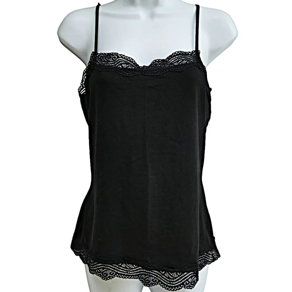Ann Taylor Black Cami Top Lace Trim Cotton Spandex Adj Straps M